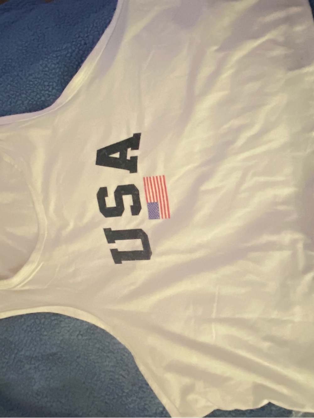 SHEIN White Crop Top with Navy USA Print and Red Accent